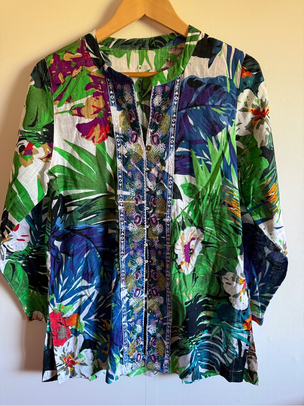 Princess Floral Embroidered Blouse Boho Tropical Cotton Tunic Top M
